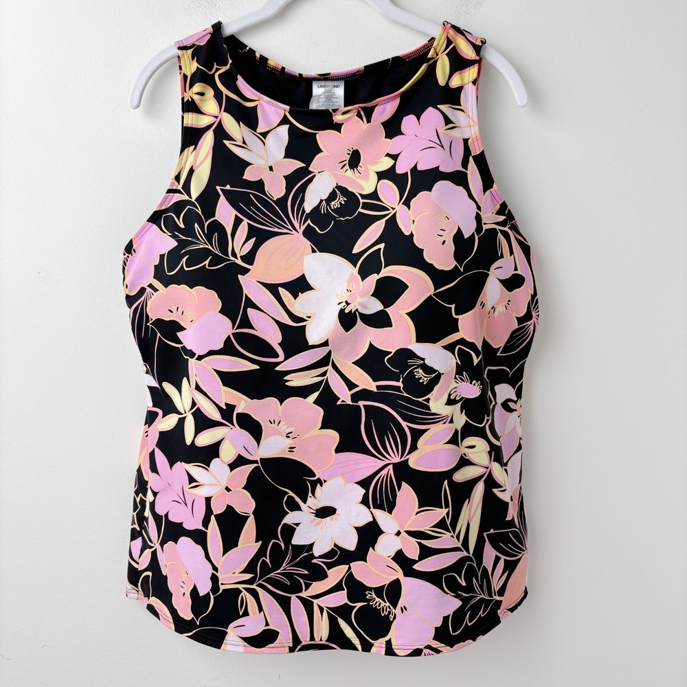 Lands End High Neck Tankini Top 16DD Black Pink Floral Swim Modest Built-in Bra
